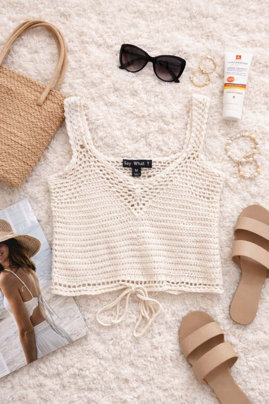Say What? Crochet‎ Tank Top Cream Knit Y2K Boho Beach Coquette